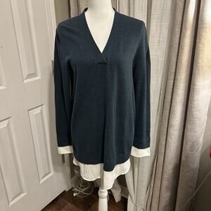 J Jill V-neck Long Sleeves Pullover Sweater Size Small Sheer White Hem Y2K